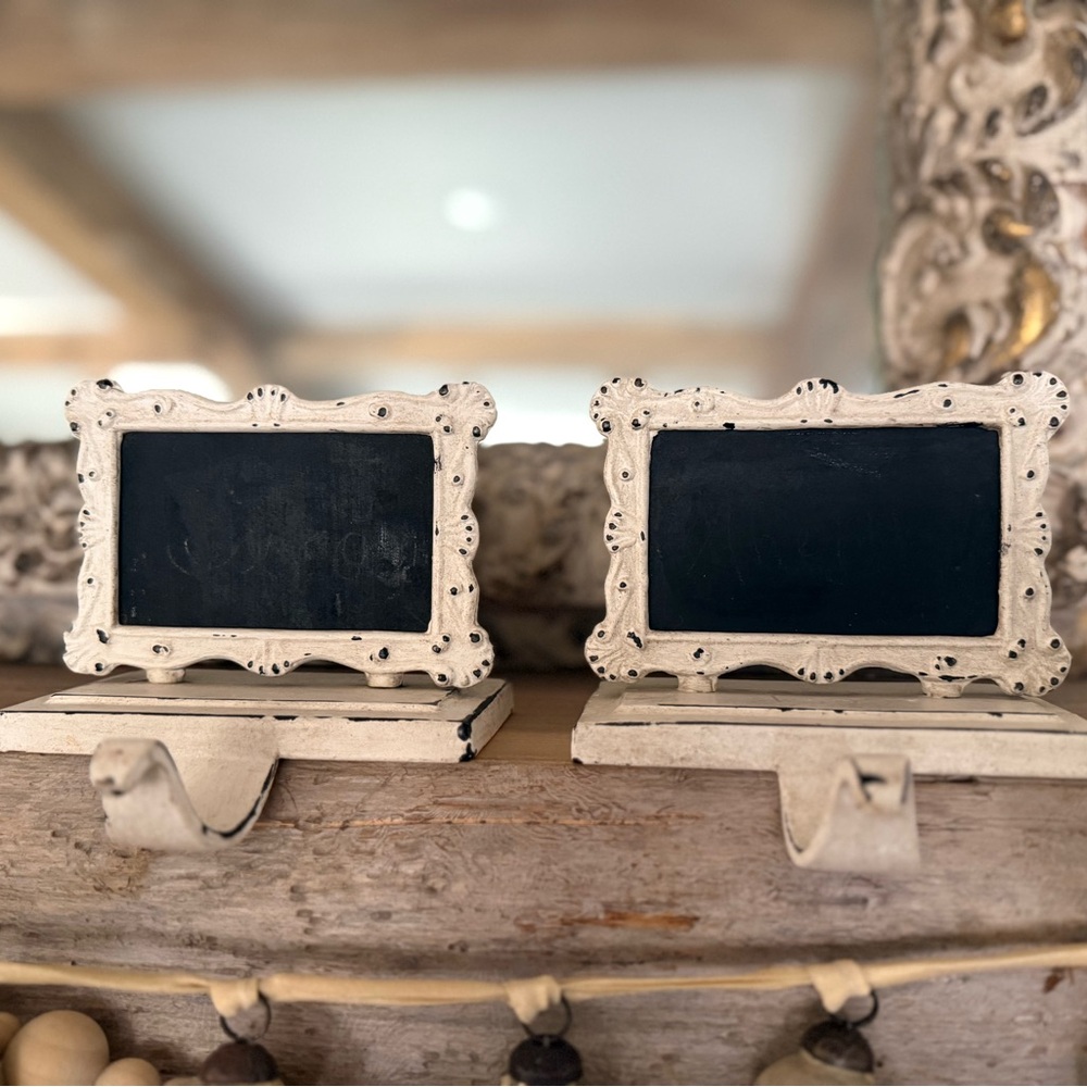 Anthropologie Vintage Ivory Chalkboard Stocking Holders Set of 2 EUC